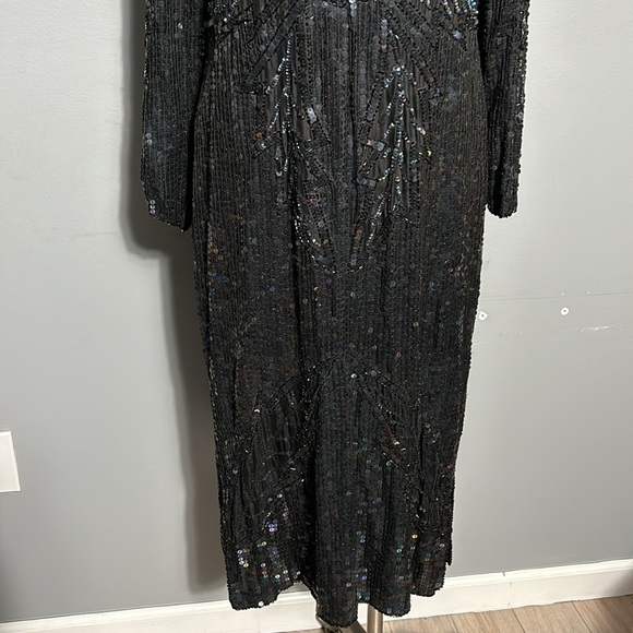 Vintage Silk Sequeen Black Midi Dress with Silk Lining w Slit Made in India M- L - Picture 4 of 17
